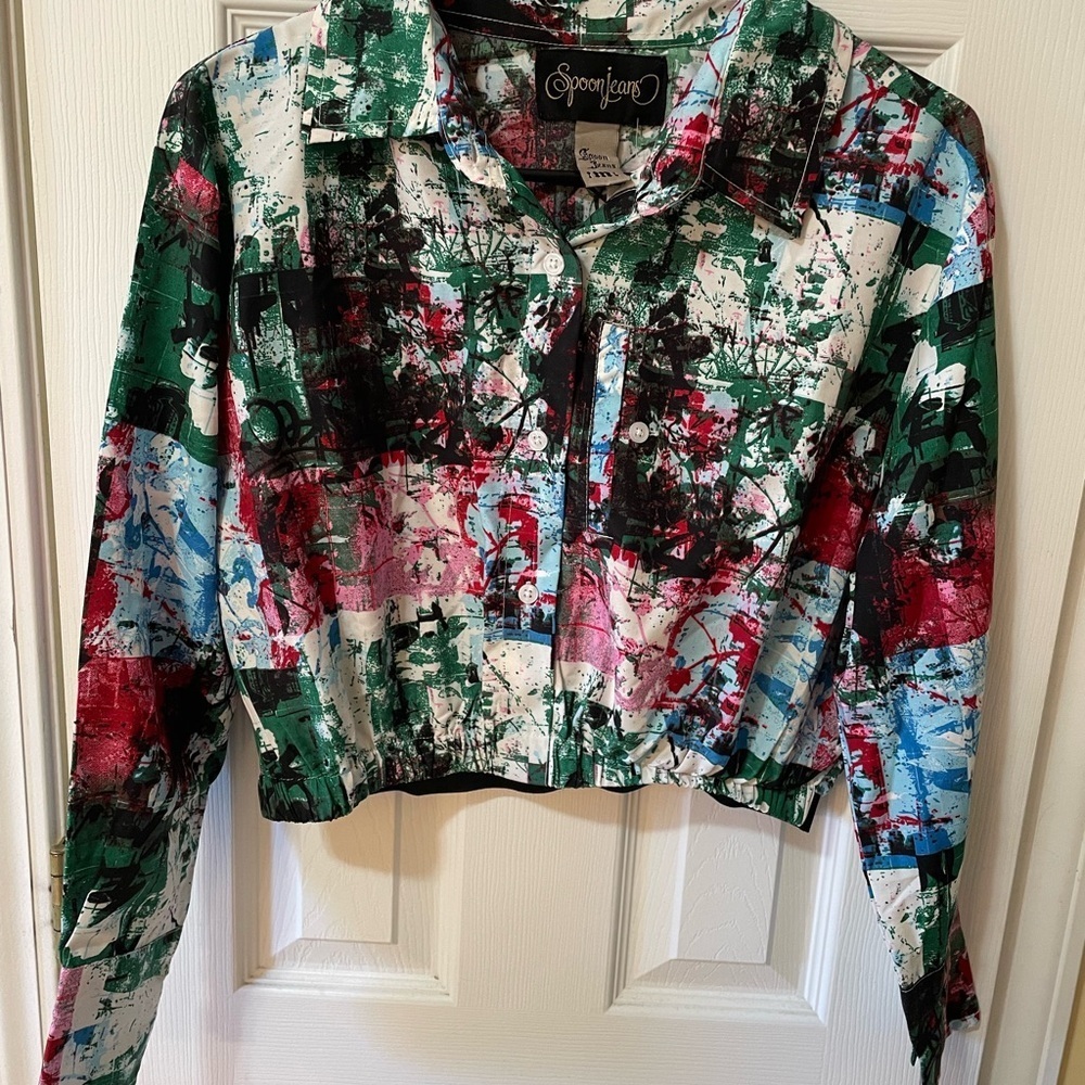 VTG 90s Spoon Jeans Cropped Abstract Art Button Front Top Size L 🎨✨